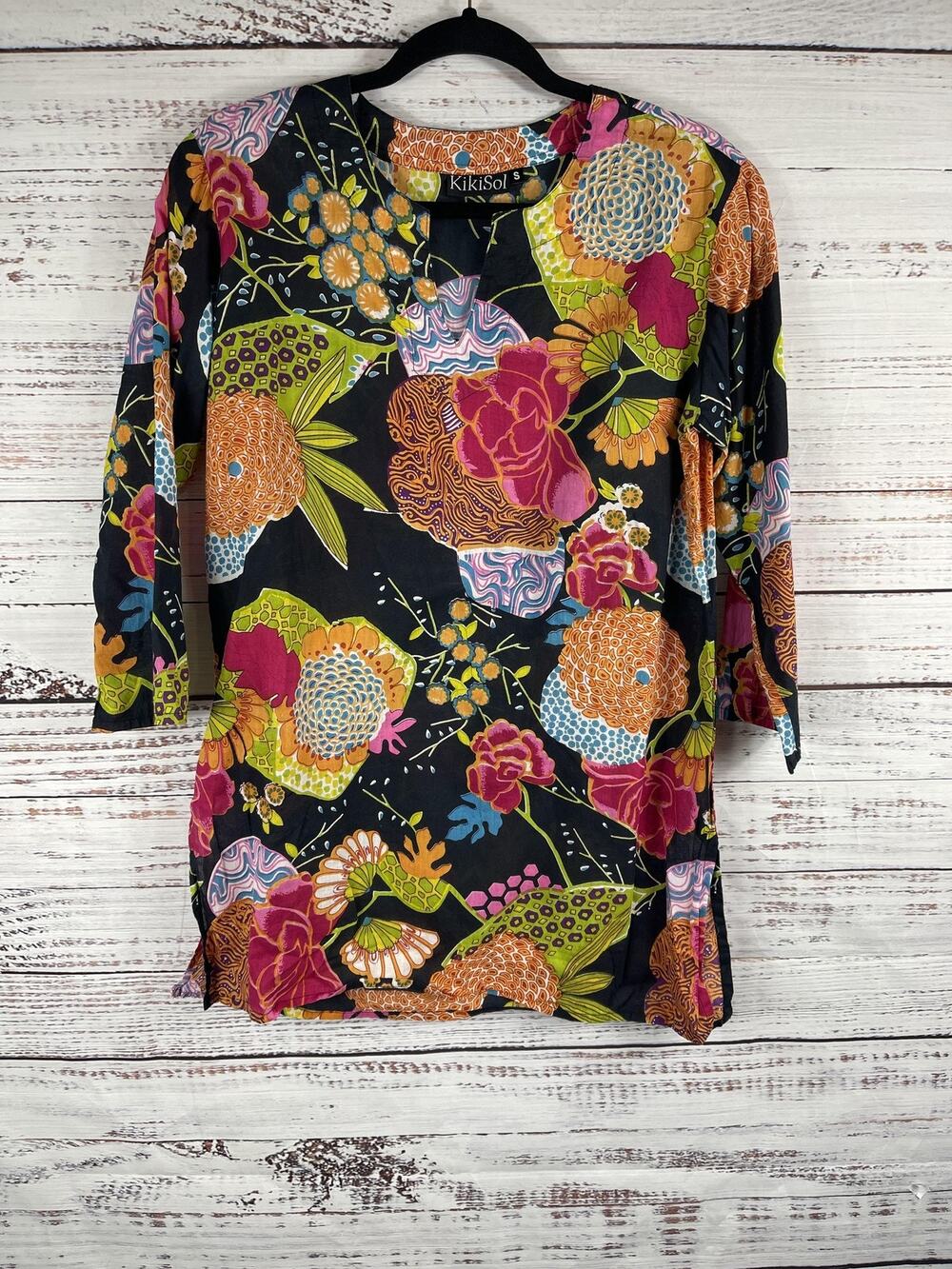 KikiSol Tunic Top Women's Small Black Multicolor Floral Boho 3/4 Sleeve Cotton
